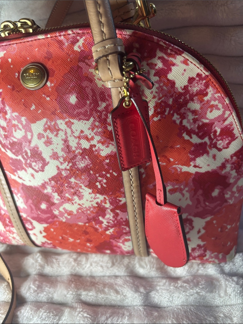 Vintage Coach Peyton Floral Cora Domed Purse Handbag F31341  Red Pink White - Picture 3 of 12